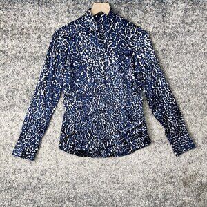 Ann Taylor Button Up Womens 0 Silk Leopard Shirt Blue Long Sleeve Blouse 1954 +